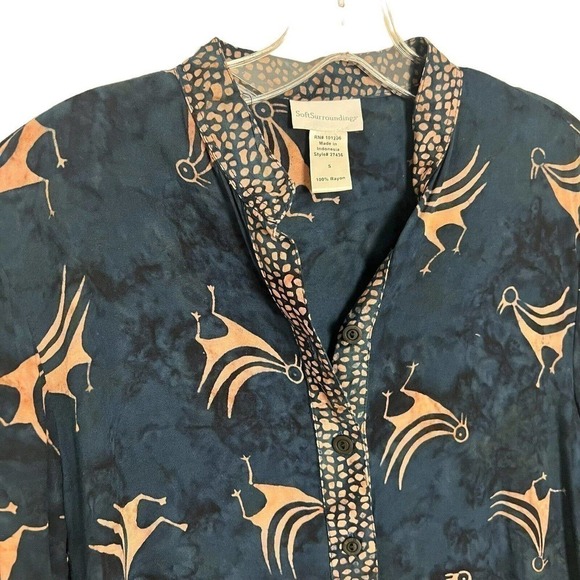 Soft Surroundings Abstract Bird Print Long Sleeve Tunic Top Navy Gold Small - Picture 3 of 6
